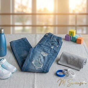 Justice Girls Blue Distressed Jegging Style Jeans Glitter Detail Size 7